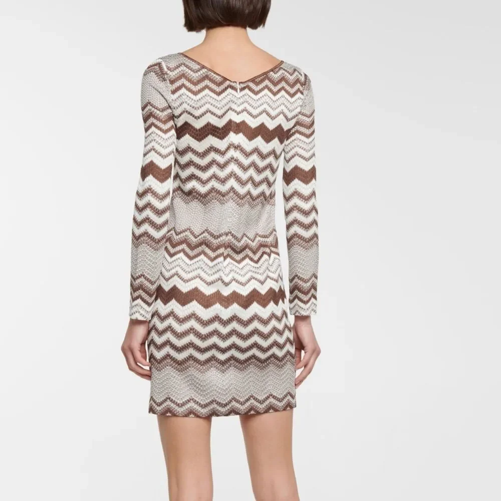 Missoni Zigzag Jacquard Long sleeves Mini Dress Brown & White SZ 10US/46EU - Picture 3 of 15